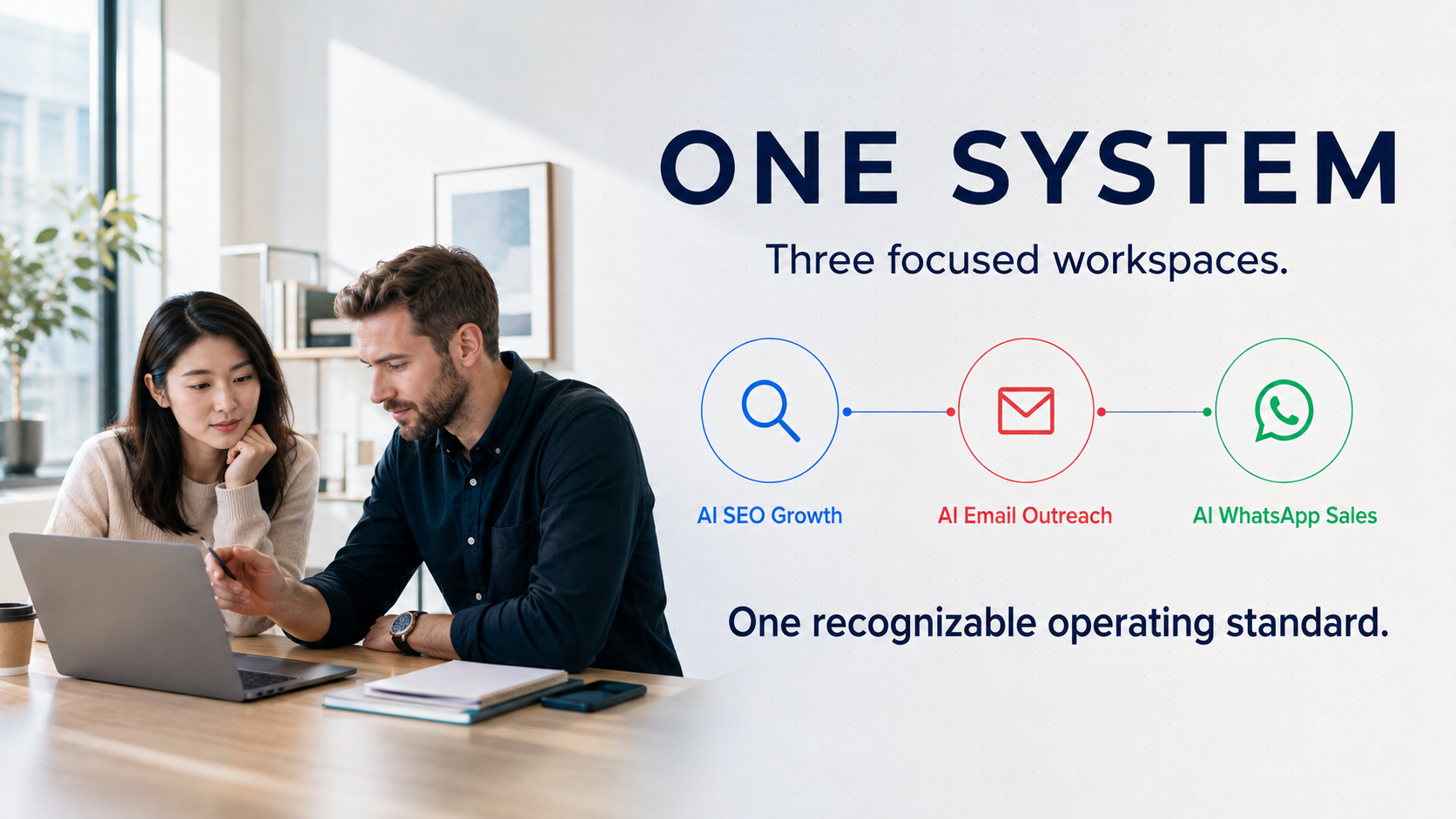 Two teammates reviewing work beside an integrated diagram for AI SEO Growth, AI Email Outreach and AI WhatsApp Sales
