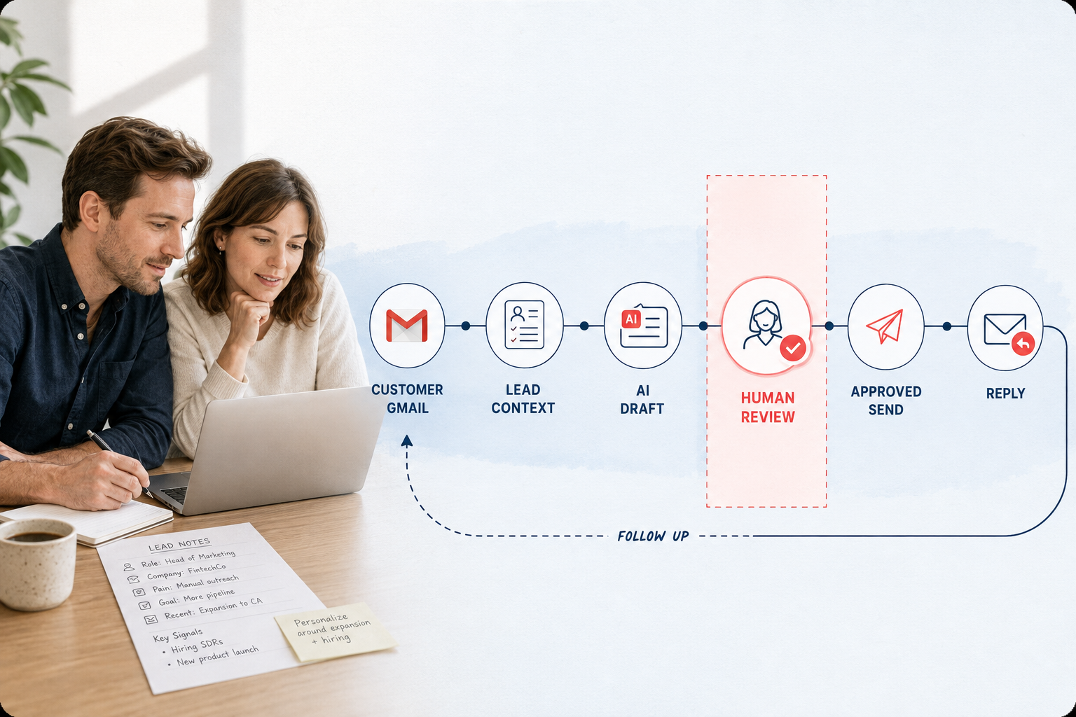AI Email Outreach visual showing two coworkers and one connected path from customer Gmail and lead context to AI draft, human review, approved send and reply