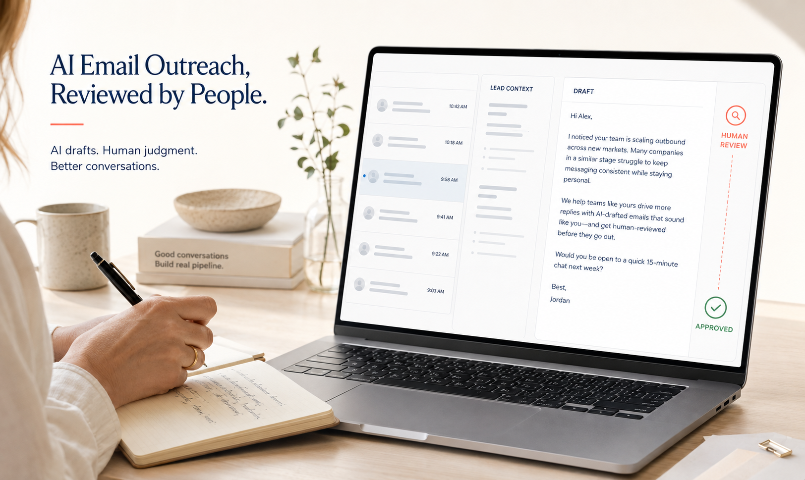AI Email Outreach visual showing a review desk with lead context, draft, human review and approval