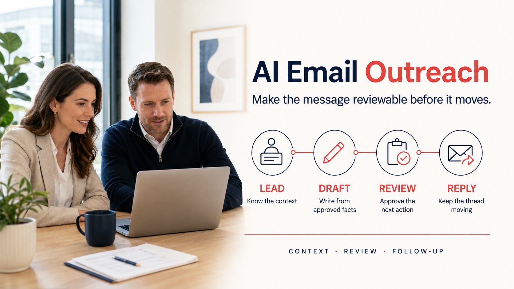 Two white coworkers reviewing an AI Email Outreach path from lead context to draft, review and reply