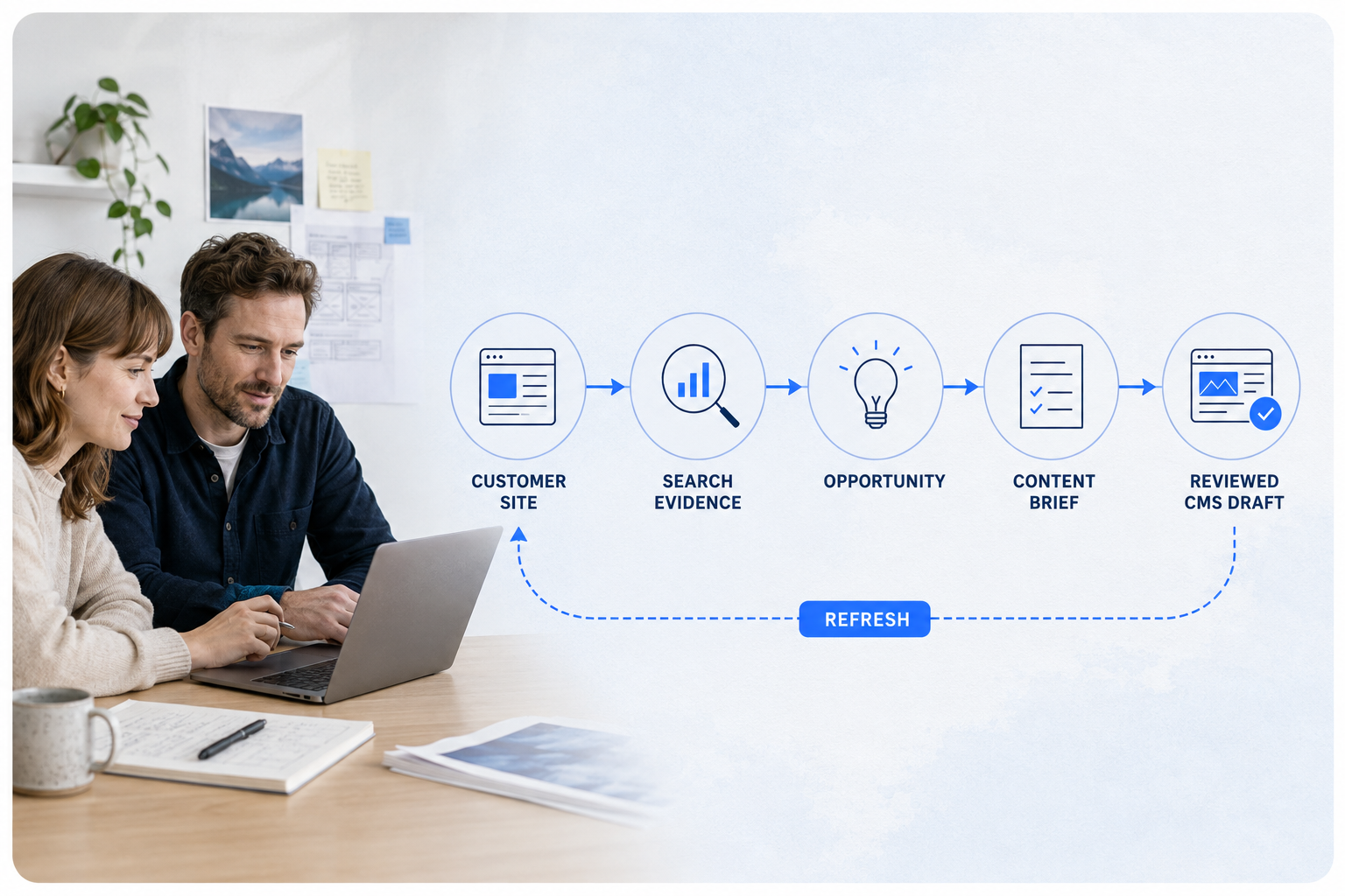 AI SEO Growth visual showing two coworkers and one connected path from customer site and search evidence to opportunity, content brief, reviewed CMS draft and refresh