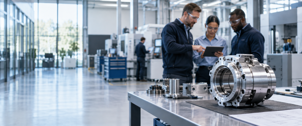 A diverse engineering team reviewing a precision manufacturing component