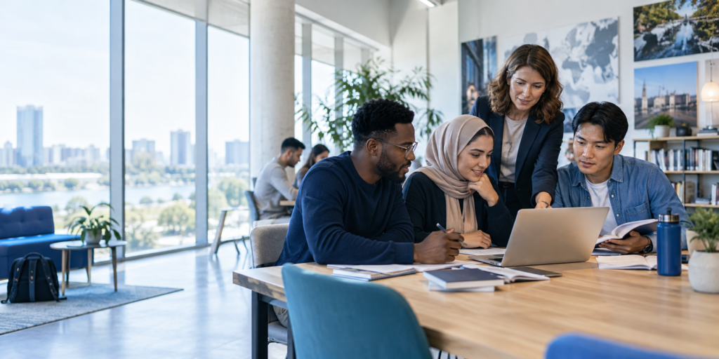 Adult learners and an educator in an international education studio