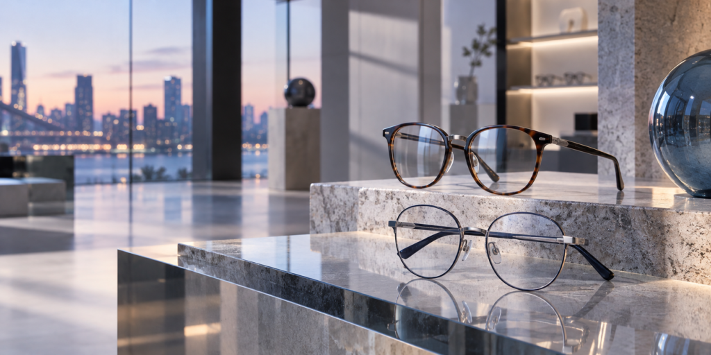 An unbranded eyewear display in a premium urban setting