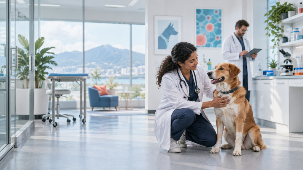 A clinician and dog in a modern pet-health clinic