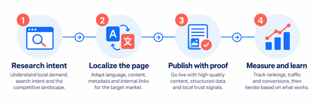 International SEO process from research intent through measurement