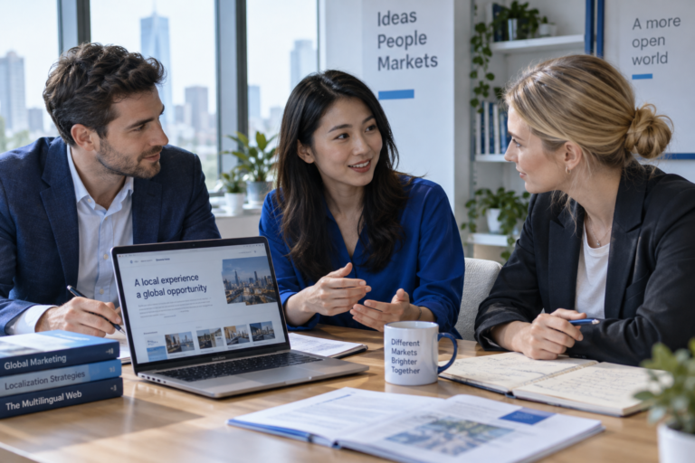 A multilingual B2B team reviewing a market and website project