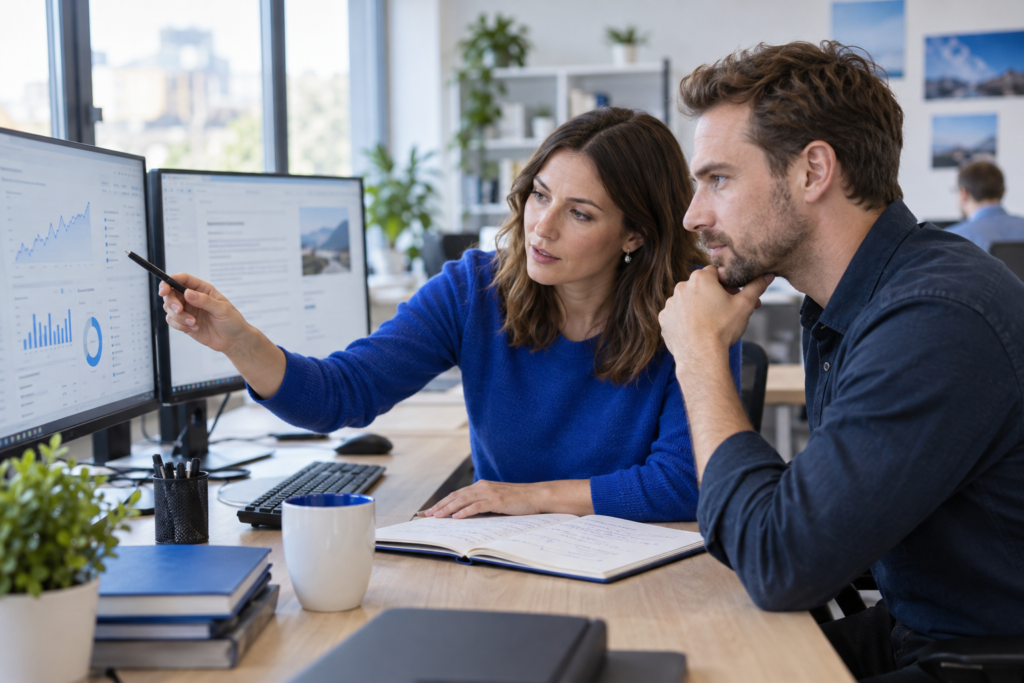 Two B2B teammates reviewing search performance and content priorities